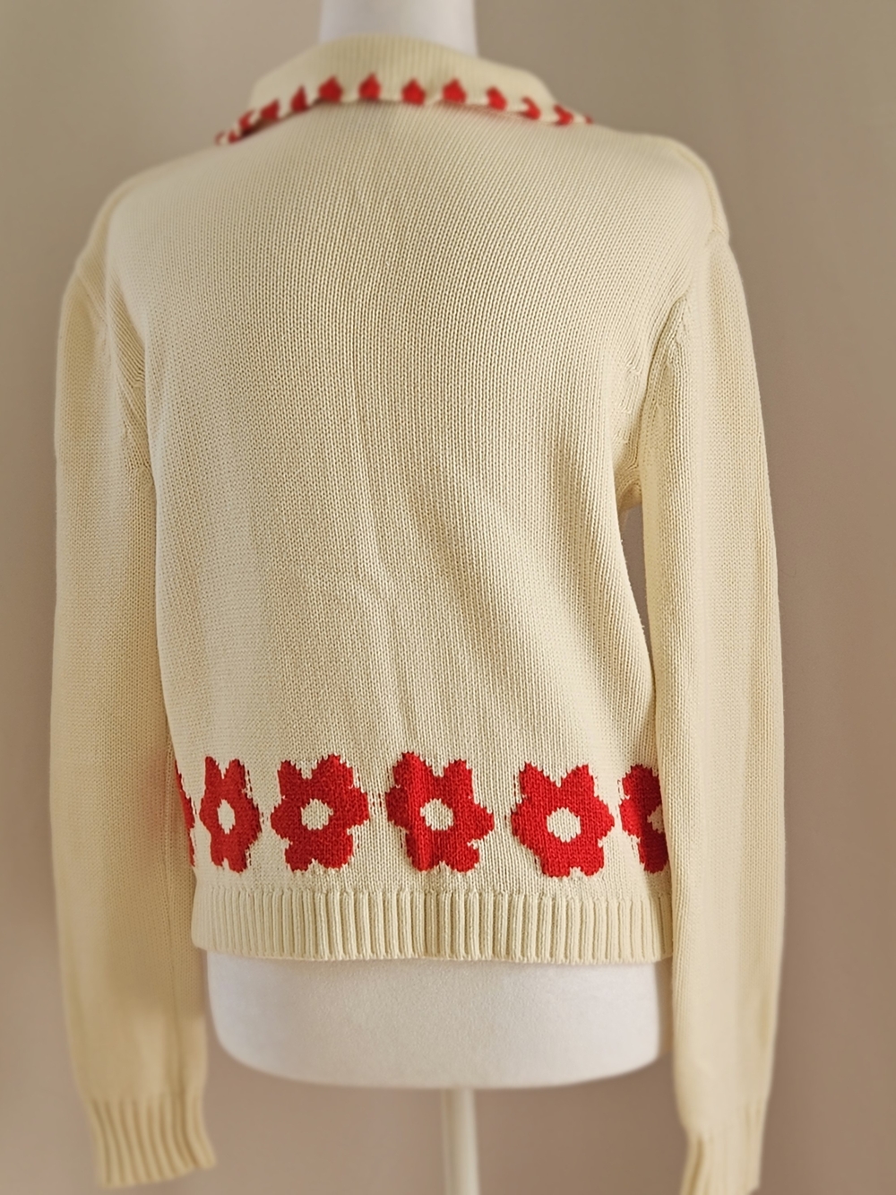 Elie Tahari Red Flower Knit Cardigan Sweater Ivory Cream XS - Picture 5 of 16